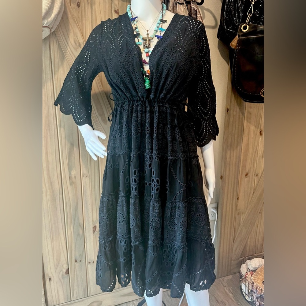 Stunning Johnny Was Black Lace eyelet Dress tie waist XS Small $400
